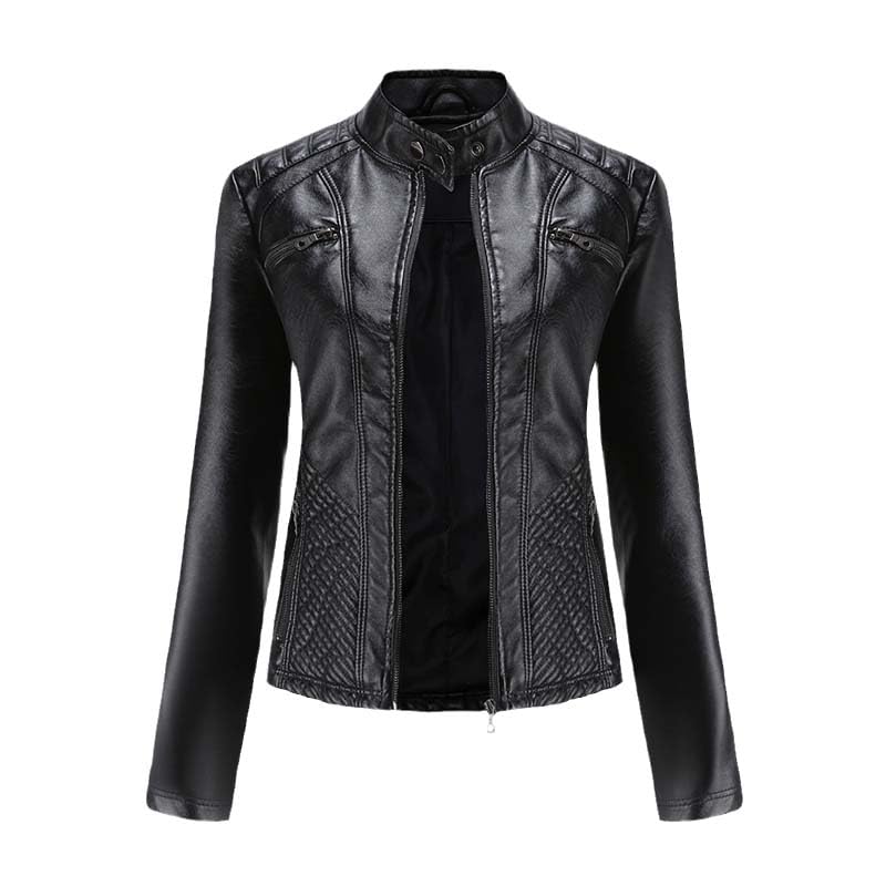 Veste en cuir synthétique femme noir manteau moto slim zippé mi-saison taille S