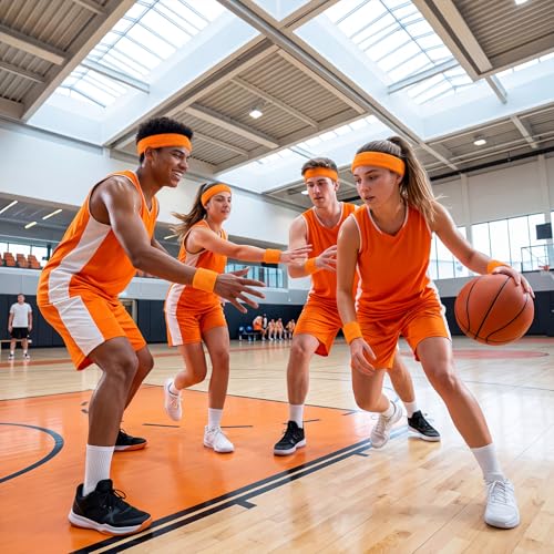Image of Bememo 36 Pcs Neon Sweatbands Set Soccer Party Favors Cotton Headbands Wristband Sweat Bands Soccer Mom Essentials for Football Fans Sporting Events 80 90s Glow Party