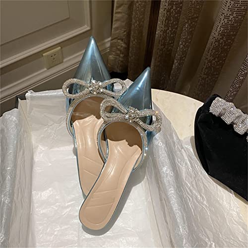 Keleimusi Sparkle Double Bow Heeled Mules Crystal-Embellished Slip On Iridescent Upper Kitten Sandals Blue thumb #5