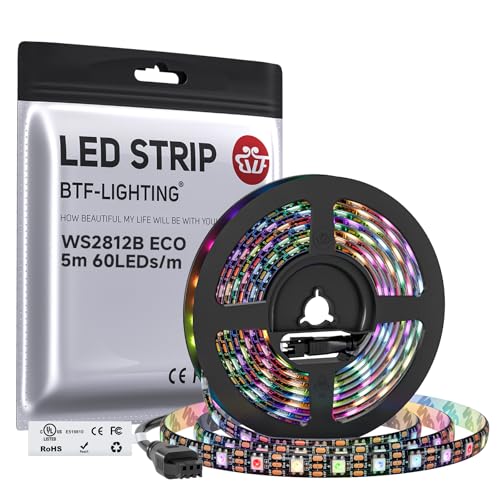 BTF-LIGHTING WS2812E ECO RGB Alloy Wires 5050SMD Individual Addressable 16.4FT 60Pixels/m 300Pixels Flexible Black PCB Full Color LED Pixel Strip Dream Color IP30 Non-Waterproof DIY Projects Only DC5V