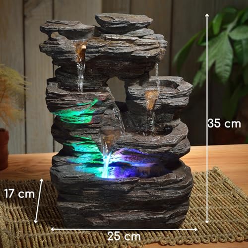 Zen’Light - Zimmerbrunnen Pietra - Steinoptik aus Kunstharz mit Bunten Lichteffekten - Moderne Zen Deko, Meditation & Entspannung - Glücksbringer - H35cm