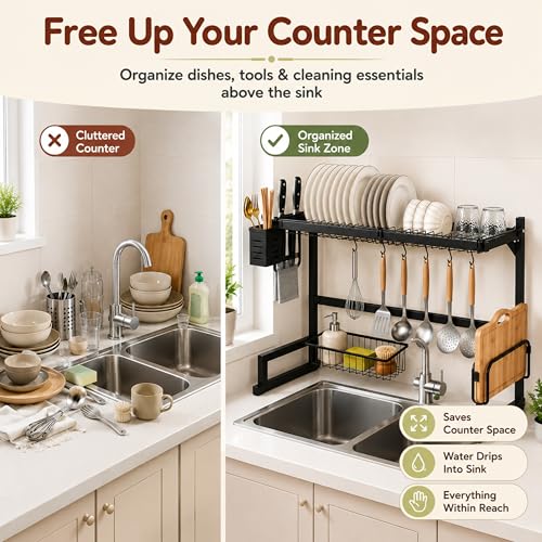 Image of Homero Adjustable Over Sink Dish Drying Rack | Multipurpose Kitchen Sink Organizer with Plate Holder, Cup Stand, Knife Holder & Hooks | Heavy-Duty Rustproof Dish Drainer for Kitchen Counter Storage