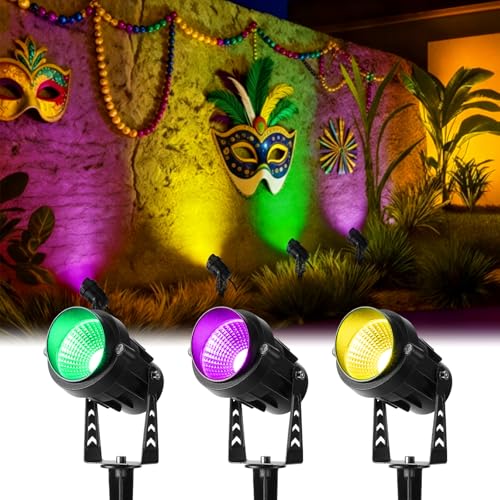 Grinsvalley 3 Pcs Mardi Gras Spotlight Outdoor Decorations Purple Green and Gold Spotlight Plug in Waterproof Spot Lights Landscape Lighting Carnival Lamp Yard Sign for Garden Outside Porch Supplies