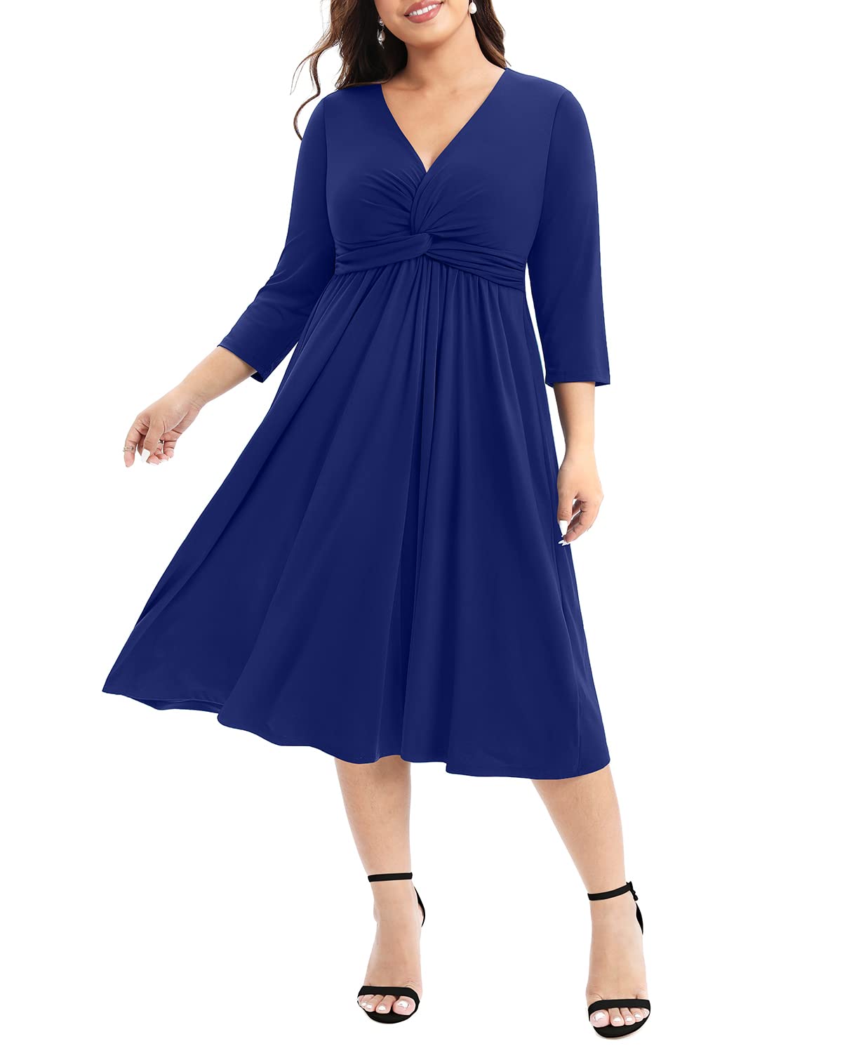 Pinup FashionWomen's Plus Size Twist Knot Front V Neck 3/4 Sleeve A-line Wedding Guest Midi Dress