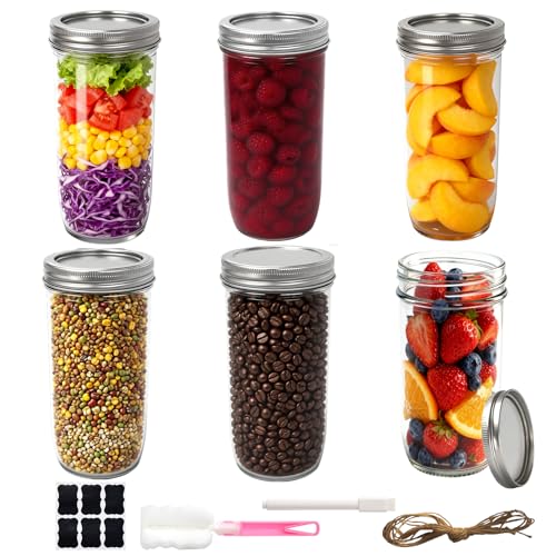 Ravflaw Wide Mouth Mason Jars with Lids 24 oz Pint & A Half Size Pack of 6