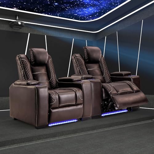 Image of ANJ Power Home Theater Seating Recliner Chairs Set of 2, PU Leather Recliner with Cup Holder, Electric Movie Theater Reclining Chairs with Adjustable Headrest, LED Lights, Hidden Arm Storage (Brown)