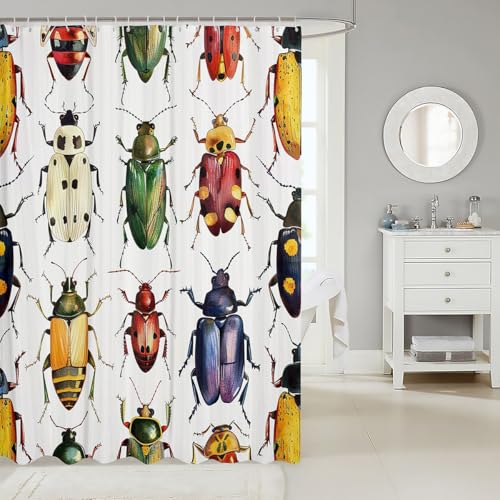 Image of Beetle Shower Curtain for Girls Boys Colorful Beetles Decor Bathroom Shower Curtain Set Kids Bug Bath Curtain Bright Vibrant Room Decor Nature Animal Waterproof Shower Curtain with Hooks 72x72 Inch