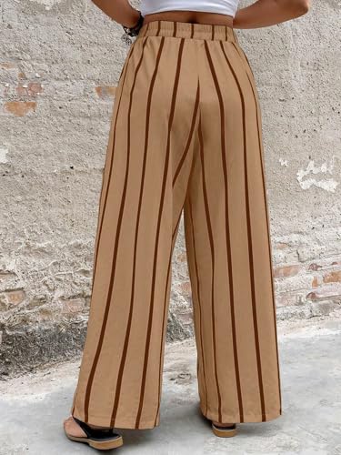 Image of Acelitt Women Casual Drawstring Elastic Waist Striped Wide Leg Pants with Pockets, S-XXL