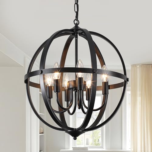 17.12'' Black Orb Chandelier 6-Light, Small Metal Industrial Globe Pendant Light, Adjustable Hanging Ceiling Light Fixtures, Modern Chandelier Light for Kitchen, Dining Room, Foyer Hallway