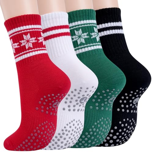 Image of Toes Home Pilates Socks for Women with Non Slip Grippers, Yoga Crew Socks for Barre Hospital Sticky Slipper Socks 4 Pairs