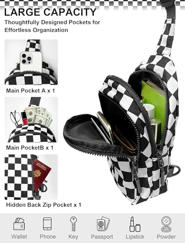 Checkered Sling Bag for Women, Small Checkered Crossbody Chest Bag with Shoulder Strap Fanny Pack Purse, Travel4