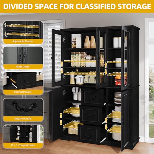 DWVO Large Storage Cabinet, 72" Tall Kitchen Pantry with Glass Doors, Freestanding Glass Display Cabinets with Adjustable Shelves & Drawers, Food China Hutch for Dining Room, Living Room, Black