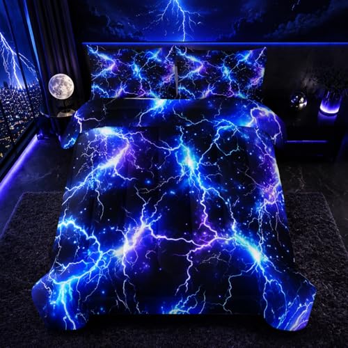 Image of Nttopship Blue Lightning Comforter Set Twin Size Bed in A Bag,Lightning Bedding Set for Teen Adult Blue Room Decor Ultra-Soft Lightweight Microfiber with 2 Pillowcases