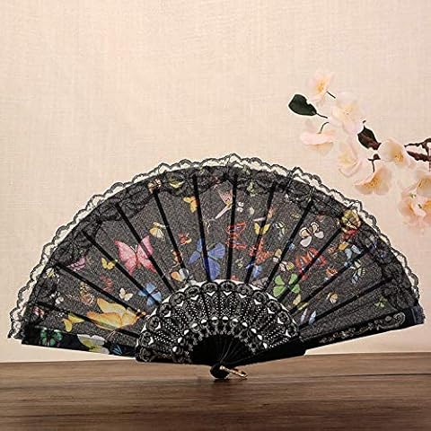 Dusenly Spanish Lace Folding Fan Beautiful Butterfly Hand Held Fans for Party Wedding Costume Decoration (Black) Cover