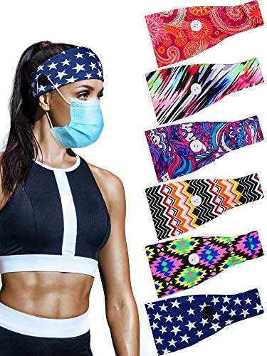 6 Pieces Button Headband for Face Cover Boho Wide Stretchy Headband Yoga Running Workout Hairband Floral Elastic Head Wrap Sports Hair Accessories for Women Girls