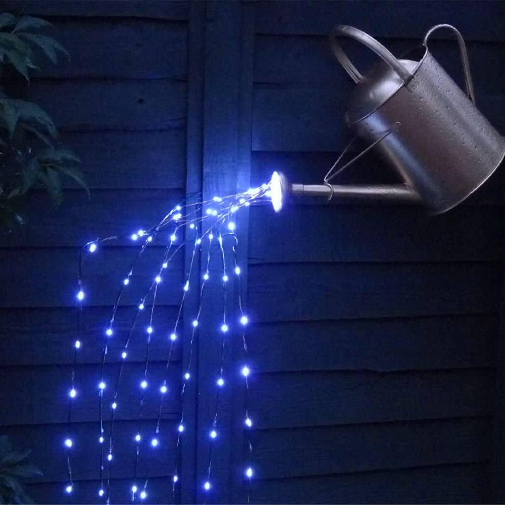 Solar Fairy String Lights Outdoor Warm White & Blue, Solar Powered Waterfall Lights Multi Strand 180 LEDs Watering Can Light, Waterproof Firefly Bunch Lights for Garden