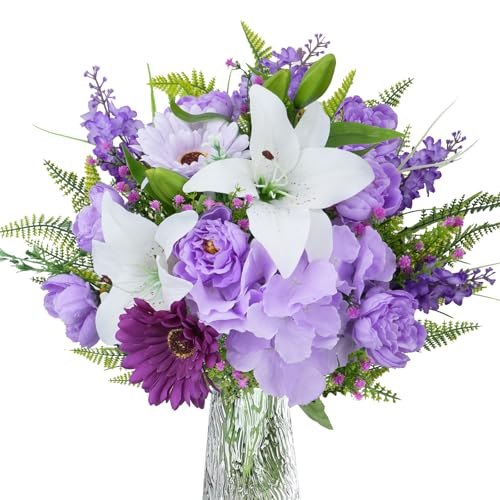Fairblo Künstliche Blume Lila Blumenstrauß Kunstblumen Pfingstrose Lilie Hyazinthe Schleierkraut mit Künstliche Grünpflanzen Blumenarrangements Deko für Vase Zuhause Hochzeit Tischdeko