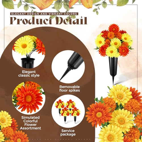 Image of 4 Set Fall Cemetery Flowers for Grave Artificial Mum with Vase