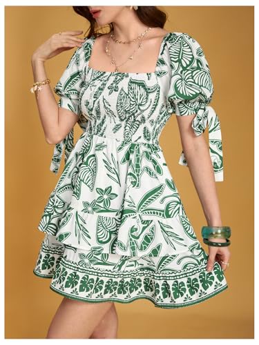 Image of Floerns Women's Floral Print Puff Sleeve Square Neck Tiered Layer Shirred Dresses