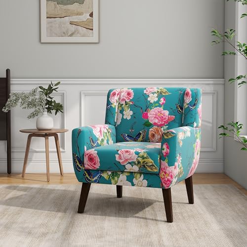 DREAMSIDEA Accent Chair, Modern Linen Blend Arm Chair for Living Room, Bedroom, Comfy High-Resilient Sponge Reading Chair for Small Spaces (Pattern Floral Blue, Set of 1)
