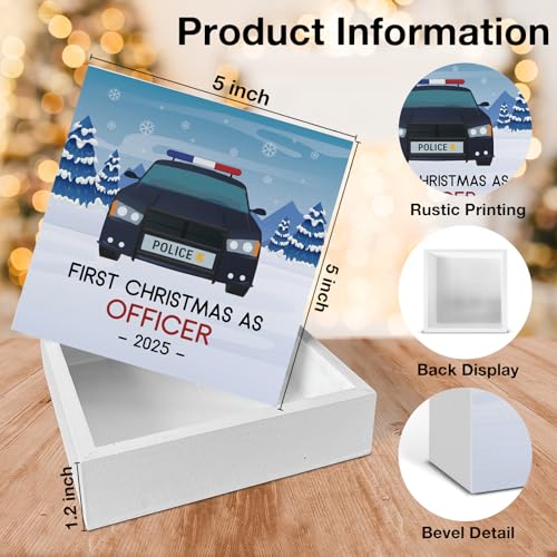 Image of Christmas Decor, First Christmas as Officer Wood Box Sign, Gifts for New Cop Future Police Officer, Xmas Police Home Office Decorations for Desk Table Shelf 5 X 5 Inches