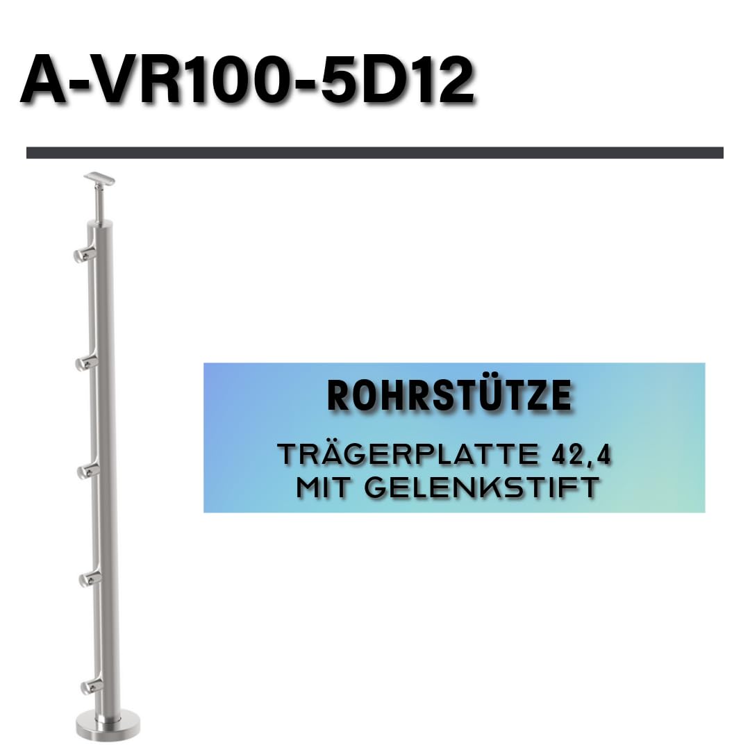 Edelstahl Geländerpfosten Ø42,4 Bauhöhe 1000mm mit Querstabhalter Ø12,0 Geländer V2A geschliffen K320 Geländer Balkon Boden Pfostenrohr Rundrohr Treppen Terrasse Abdeckrosette aufgesetzt Rohr