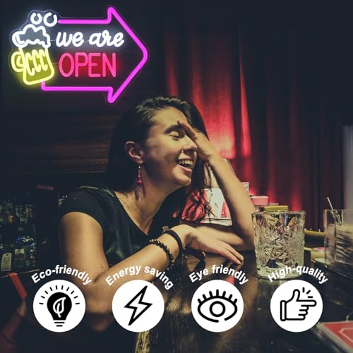 Image of We Are Open Neon Sign with Arrow Beer Neon Light for Bar Restaurant Decor | Dimmable Bar LED Signs for Wall Decor, Business Open Sign, Acrylic Neon Wall Light, USB Powered, Pub Tavern Hotel Shop Decor
