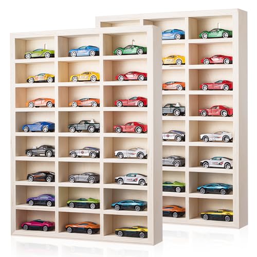 Threehoney 2 Pcs 24 Space Toy Cars Wheels Display Case 1: 64 Scale Model Cars Display Shelf Wooden Wall Mounted Die Cast Car Storage Rack for Gift Collectibles Toy Figurines Cabinet