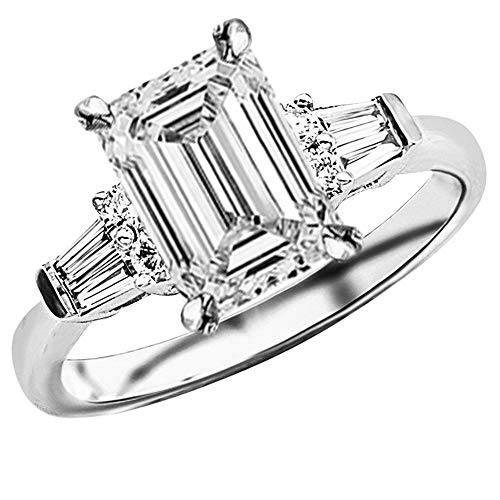 14K White Gold 2 to 5.5 Carat LAB GROWN DIAMOND Prong Set Round And Baguette Emerald Cut Diamond Engagement Ring (E-F Color VS1-VS2 Clarity 1.5 Ct Center)
