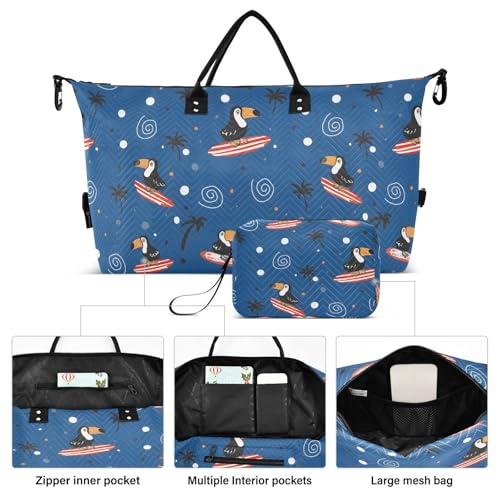 Toucan Palm Tree Bird Blue Large Travel Duffle Bag Weekender Overnight Bags Gym Yoga Bag for Women Men with Toiletry Bag2