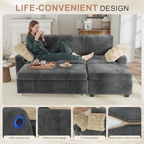 Image of Hanherry 81 inch Sectional Couch with Pull Out Sofa Bed,Chenille Sleeper Sofa with Storage Ottoman & USB Charging,Comfy L Shaped Modular Couches for Living Room,Apartment