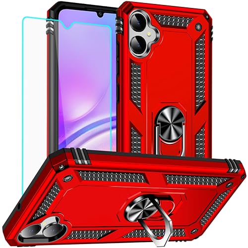 Yiakeng for Samsung Galaxy A05 Case: Galaxy A05 with Screen Protector - Military Grade Protective Cases with Finger Ring Holder Kickstand for Samsung A05(Red)
