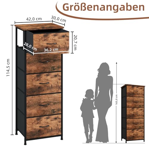 Somdot Kommode mit Stoffschubladen, Schlafzimmer, 5 Schubladen, Braun – Ansicht 3