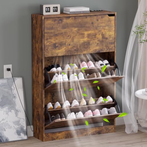 Image of BORNOON Shoe Cabinet with Odor Control and Back Panels, Deodorizing Slim 3-Flip Shoe Storage Cabinet for Entryway, Freestanding Hidden Shoe Rack Organizer for Entrance, Hallway, Bedroom