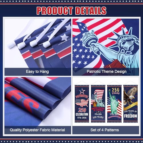 Image of Panelee 4 Pcs 250th Anniversary Banner Decoration Patriotic American Flag Porch Banner 250th Anniversary Hanging Backdrop for Independence Day 4th of July Wall Indoor Outdoor Decor