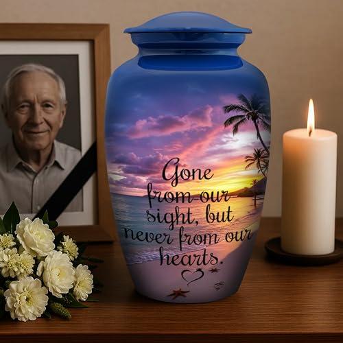 Image of Cremation Urn for Human Ashes Adult - Beach Sunset Printed Funeral Urn for Men & Women, Large Decorative Memorial Urn, Burial Urn with Velvet Bag, 200 Cu /in