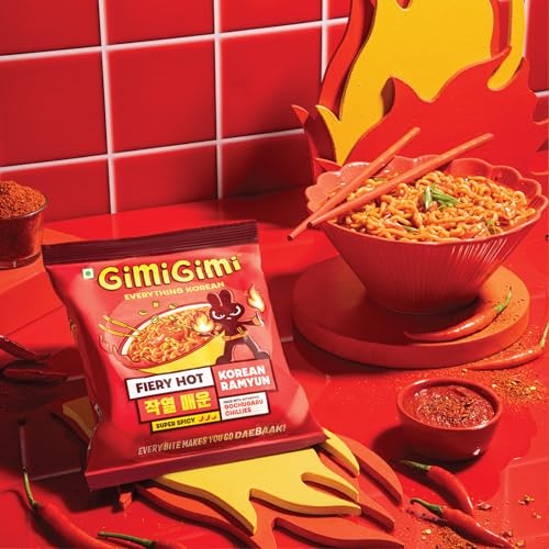 Image of GIMI GIMI - Fiery Hot, 125g | Veg Korean Ramyun | Authentic Gochugaru Chillies | Thick & Bouncy Noodles
