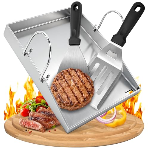 Edelstahl Plancha Grillplatte 40x30cm 4mm Massiv plancha platte mit Grillzubehör Grillspachteln Set für Gasgrill und Holzkohlegrill