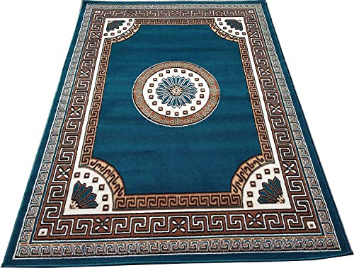 Image of Gold Area Rug with Greek Key Border and Floral Centre (Blue, 6x8) | Living Room & Bedroom, Classic & Modern Decor, Easy to Clean, Soft Pile Design, Fits Under Furniture