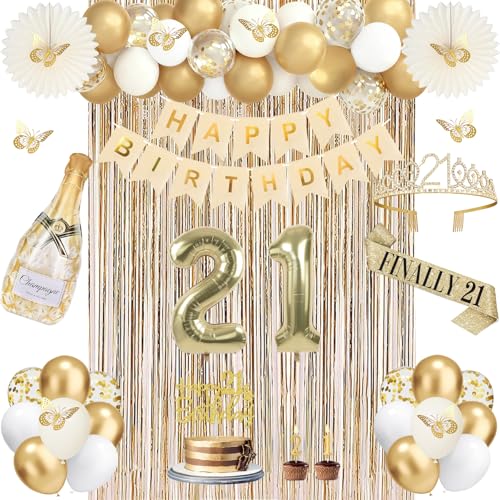 51Pcs 21st Birthday Decorations for Her Champagne Gold Happy 21st Birthday Decorations for Girls 21 Sash and Crown Banner Fringe Curtains Hanging Paper Fans 21 Year Old Party Supplies Set