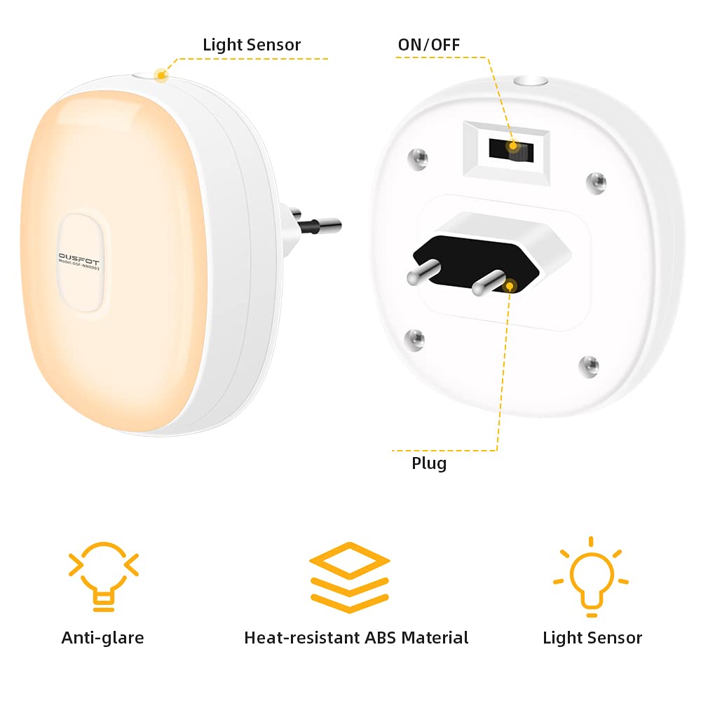 OUSFOT Lampka nocna z czujnikiem zmierzchu, ładowana, lampka nocna dla dzieci, 2 sztuki, energooszczędna, 2500-3500 K, ciepła żółta, lampka nocna do pokoju dziecięcego, na klatkę schodową, do kuchni,