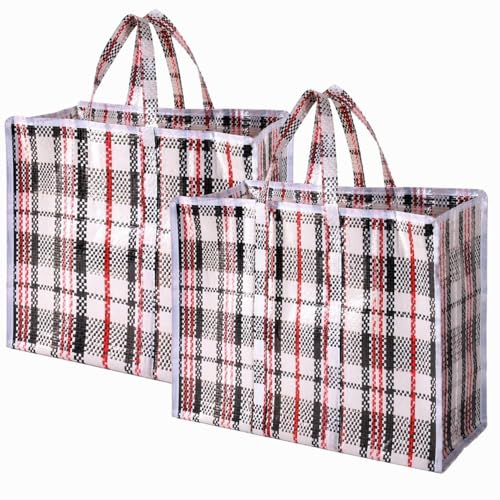 OTHERWISETRIVIAL Borsa Spesa Riutilizzabile Grande con Cerniera, Plastica Intrecciata, Fantasia a Quadri, 45x40x18 cm, Set da 2 Pezzi, Multiuso per Spesa e Viaggio (S 45x40x18cm)