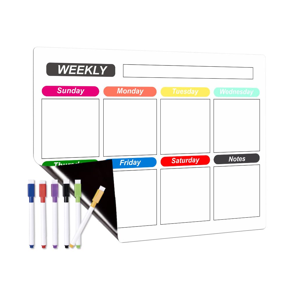 Magnetic Dry Erase Calendar Set, Reusable Weekly & Monthly Fridge Calendar Whiteboard for Refrigerator, Magnet Grocery List Planner, 6 Color Markers,