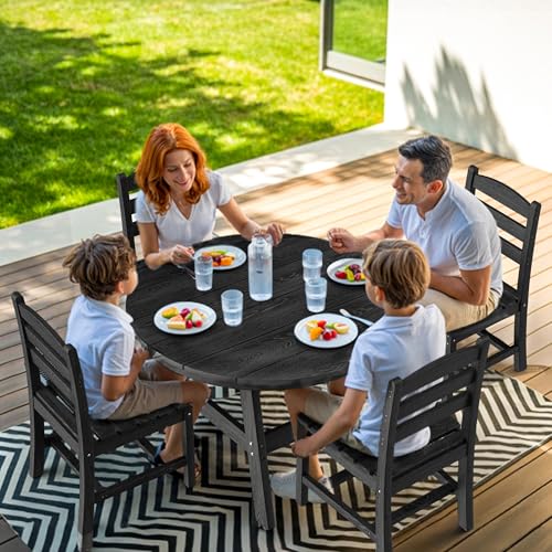 Image of Pamapic 5 PCS Round Outdoor Dining Set, Wood Grain HDPE Outdoor Table and Chairs with 105 Ergonomic Backrest, Durable Patio Dining Table with Umbrella Hole, Black