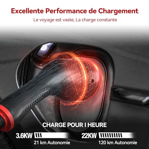 mcevkeln câble type 2 câble de recharge voiture Électrique et hybride 22kw triphasé |32a |5 mètre | type 2 à type 2 câble ev chargeur compatible avec e 208, model y/3, zoe, kona ev etc