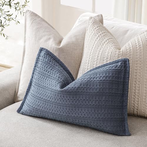 Image of Foindtower Set of 2 Decorative Cotton Waffle Weave Lumbar Throw Pillow Covers Euro Shams Cushion Covers Accent European Pillowcase for Bed Couch Bedroom Living Room Home Decor 12x20 Inch Blue