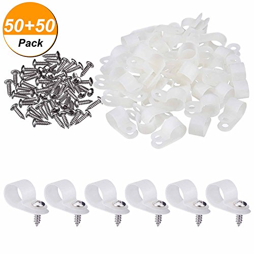 Hicarer 50 Pack R-Type Cable Clip Wire Clamp, Nylon Screw Mounting Cord Fastener