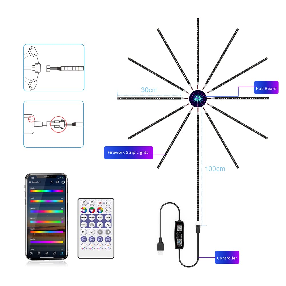 Guirlande Lumineuse LED Pour Feux D'artifice RGBIC LED Avec Télécommande LED Firework, Bande LED Feux D'artifice Bluetooth Avec Application Pour Noël, Vacances (10 X 0,5 M 1 X 1,5 M