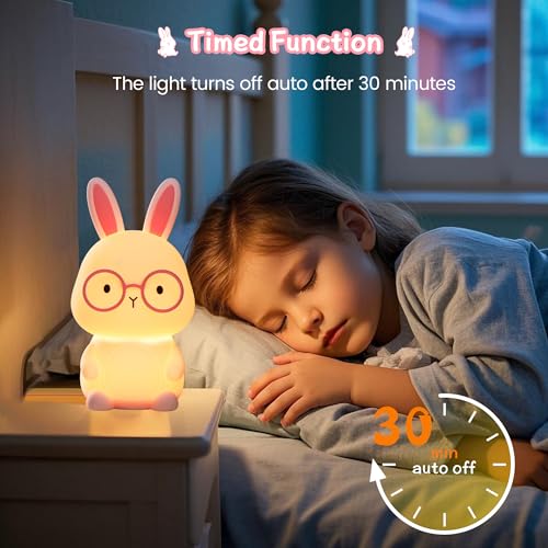 Image of FAMIDUO Bunny Night Light for Nursery, Safe Silicone Touch Lamp with Timer | 7-color Changing Rechargeable RGB LED lamp, 3-level Dimmable 30-min Auto-off.Easter Gifts for Kids,Bbay Bedroom Decor