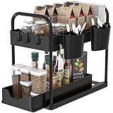 2 Etagen Unter Waschbecken Regal, Spülschrank Organizer mit Schiebeschublade, 4 Haken, 2 Tasse, Mehrzweck Spülschrankregal Ideal für Badezimmer-Küchen-Arbeitsplatte Regal Organizer-Schwarz